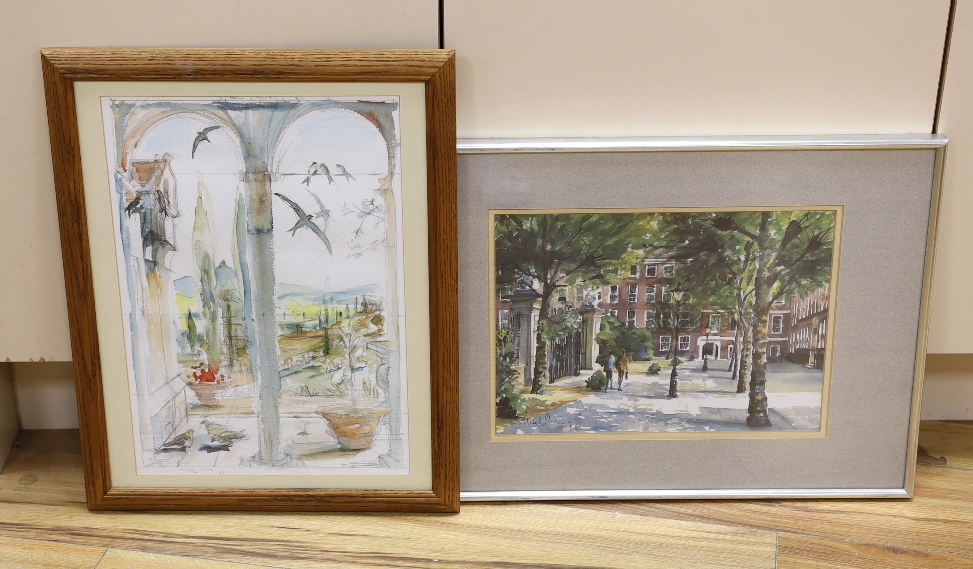 Michael Aubrey (20th. C) watercolour, Street scene with two figures, together with another watercolour of a Continental landscape with archway, largest 42 x 29cm